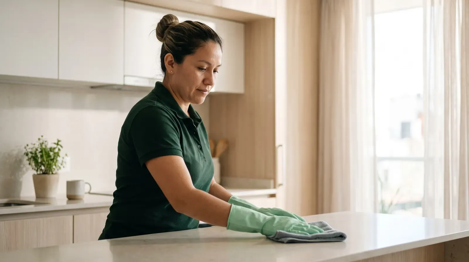 Profesional de Zap limpiando la cocina de un departamento