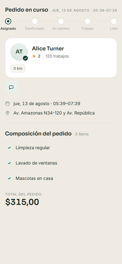 Pantalla real: profesional asignado con nombre, calificación y distancia