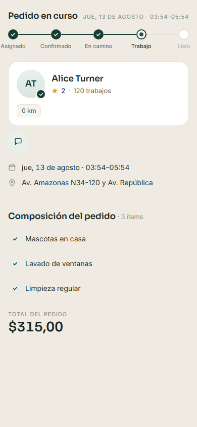 Pantalla real: los pasos del trabajo — salió, llegó, empezó