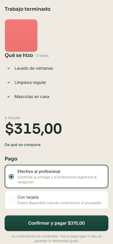 Pantalla real: fotos del resultado y pago en efectivo con doble confirmación