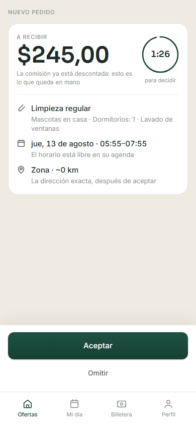 Pantalla real de la aplicación: oferta de trabajo con monto, zona y franja